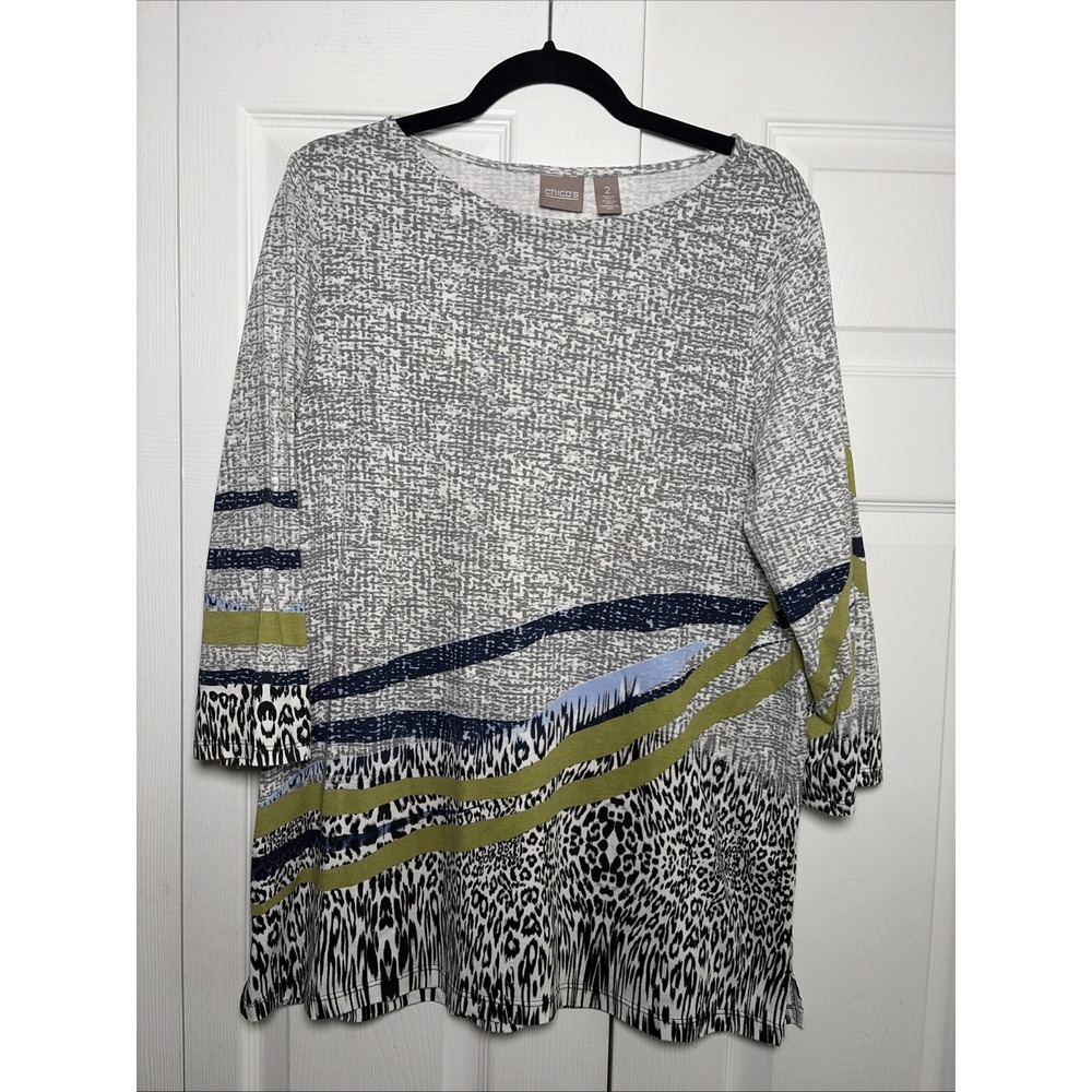 Chico's Mixed‎ Print Tunic Womens Size L 2 Gray Animal Abstract 3/4 Sleeve Knit